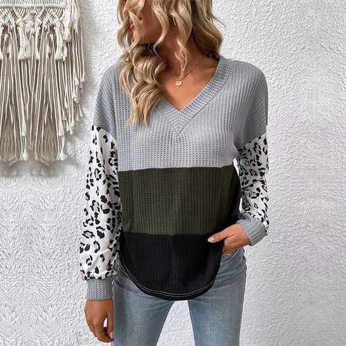 Leisure Tops Long Sleeve V neck Leopard Print Contrast Color Knitwear