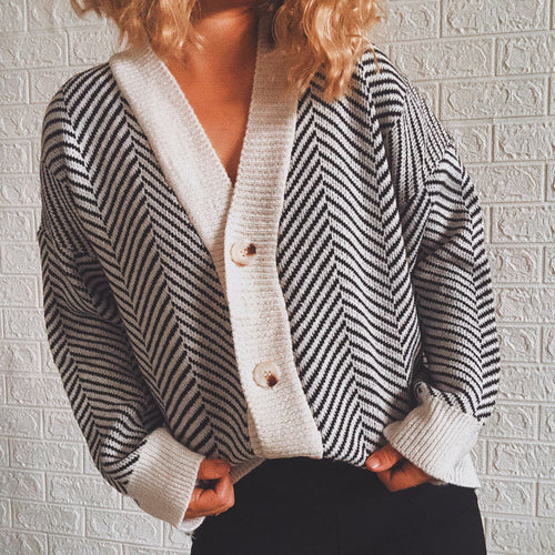 Autumn Winter Casual Loose Single Breasted Long Sleeve Rhombus Stripe Sweater Cardigan Coat