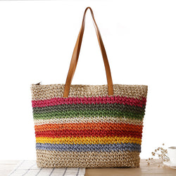 Rainbow Contrast Striped One-Shoulder Straw Bag Beach Bag Mori Style Women Bag Casual Bag