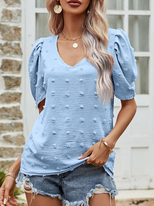 Women Clothing Summer V Neck Short Sleeve T Shirt Women Puff Sleeve Casual Top