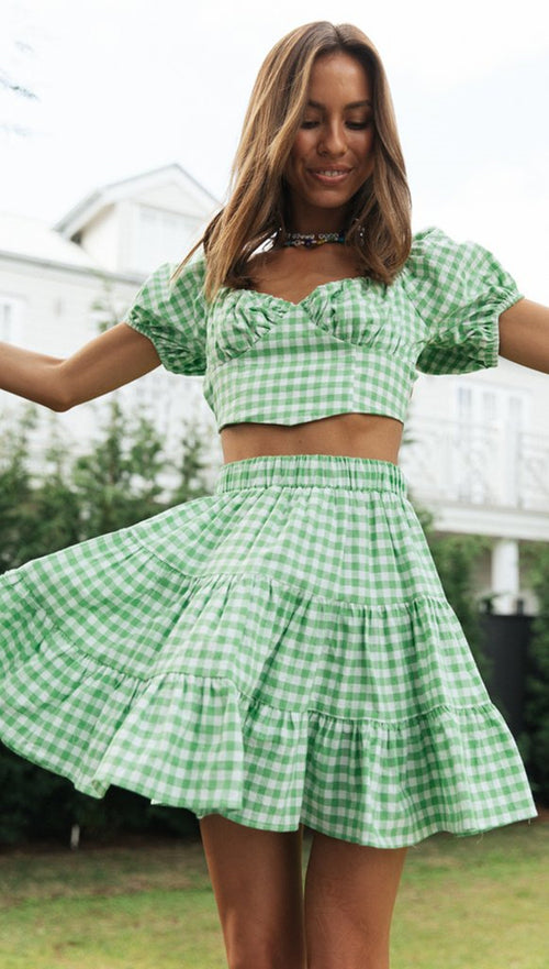 Plaid Top Backless Lace-up Tiered