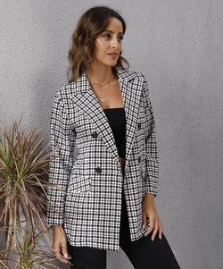 Fall Blazer Women Clothing Houndstooth Collared Long Sleeve Coat