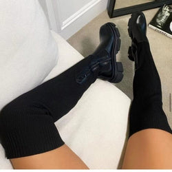 Autumn Winter Shoes Thick Soled round Toe Leather Knitted Stitching over the Knee Boots Women Plus Size Stretch Flyknit Wool Leather Boots