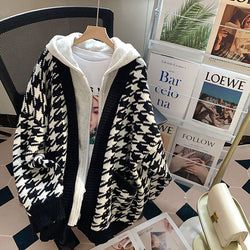 Idle Style Large Sweater Cardigan Women  Baggy Coat Fake Two Pieces Autumn Winter Thickening Outer Wear Korean Style