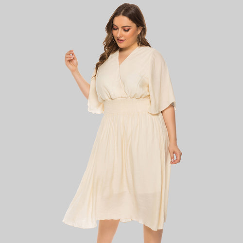 Plus Size Summer  Women Clothing Solid Color V-neck Waist-Controlled Flying Sleeves Dress