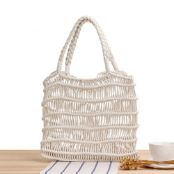 One-Shoulder Portable Cotton Rope Net Pocket Hand-Woven Bag Trendy Female Mori Style Straw Bag Beach Bag