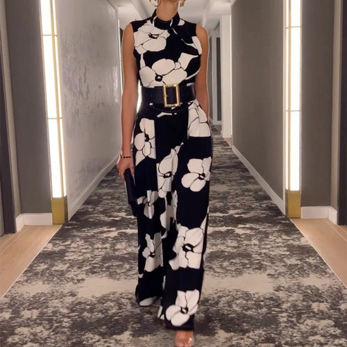 Women Clothing Summer Sleeveless Elegant Slim Printed Jumpsuit