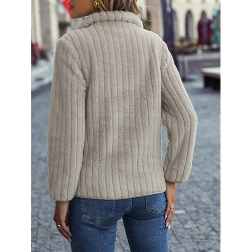 Autumn Winter Women Wear Collared Long Sleeve Pullover Half Zipper Sunken Stripe Plush Casual Sweatshirt