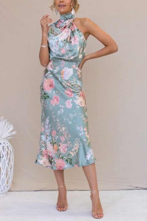 Mature Elegant Women Sleeveless Halter Printed Satin Dress