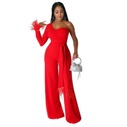 Autumn Winter Women Clothing Sexy Wide Leg Pants Shoulder Tassel Jumpsuit