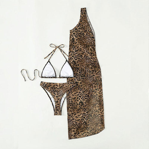 Sexy Leopard Print One Shoulder High Waist Three Piece Suit Mesh Maxi Dress Swimsuit Bikini