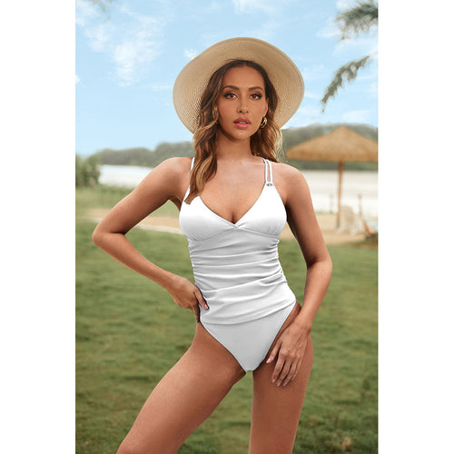 Swimsuit V neck Peplum Top Criss Cross Strap Two Piece Swimsuit