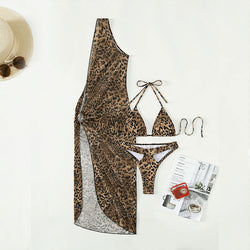 Sexy Leopard Print One Shoulder High Waist Three Piece Suit Mesh Maxi Dress Swimsuit Bikini