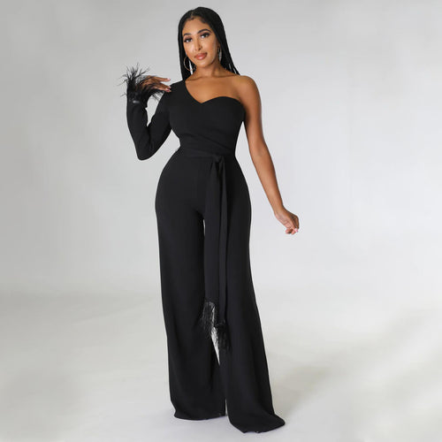 Autumn Winter Women Clothing Sexy Wide Leg Pants Shoulder Tassel Jumpsuit