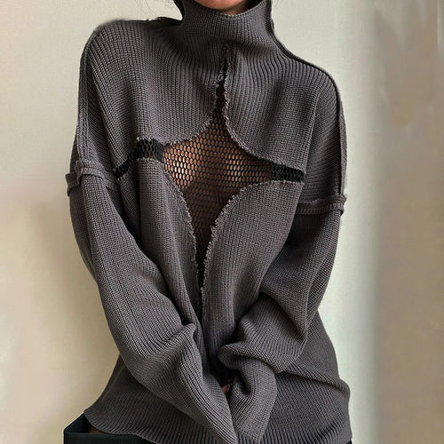 Patchwork Mesh Loose High Collar Knitted Pullover