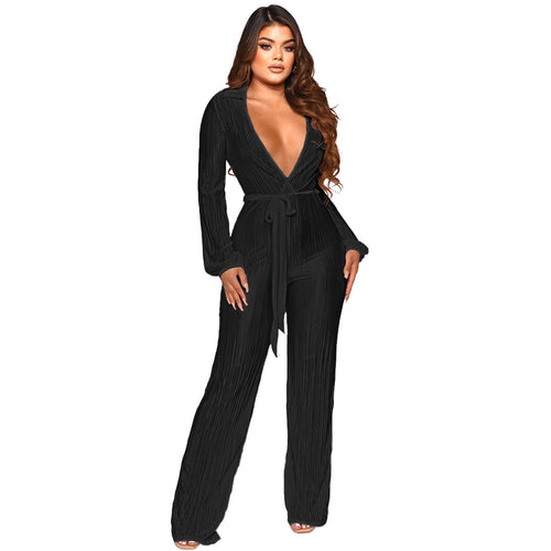 Autumn Winter Low Cut Sexy Lapel Long Sleeve Draping Pleated Jumpsuit