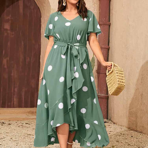 Plus Size Producten Polka Dot Eenvoudige elastische taille bedrukte jurk dames