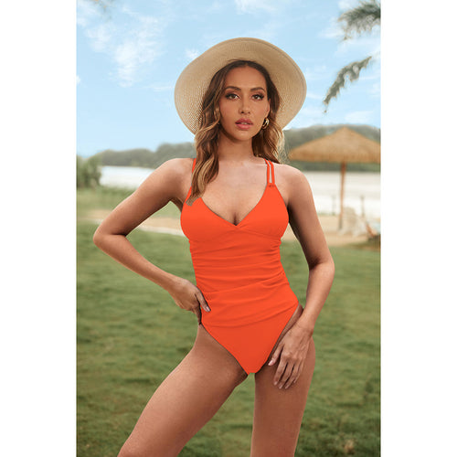 Swimsuit V neck Peplum Top Criss Cross Strap Two Piece Swimsuit