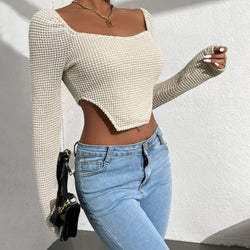 Spring Summer Top Women Hollow-out Tight Sexy Slit Knitwear Short Wide Collar Long Sleeve T- Sweater
