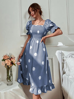 Women Dotted Prints Puff Sleeve Frill Dress