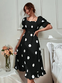 Women Dotted Prints Puff Sleeve Frill Dress