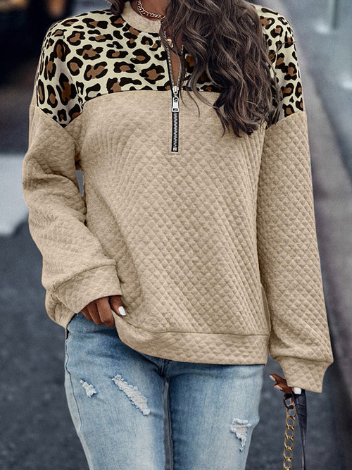 Winter Leopard Splicing Drop Shoulder Zipper Sweater Women Casual Thermal Long Sleeve Top Women