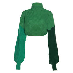 Fall Women Clothing Color Contrast Stitching Long Sleeve Knitted Turtleneck Loose Casual Sweater