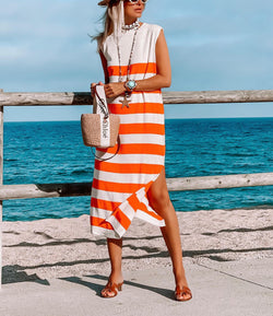 Ladies Vacation Fresh Bold Stripes Sleeveless Knitted Dress Maxi Dress