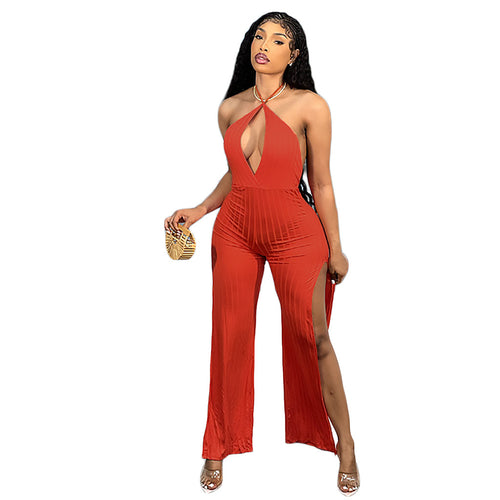 Popular Lace up Sunken Stripe Pants Leg Slit Fashionable Women Jumpsuit