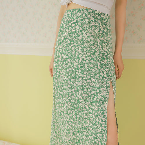 Small Fresh Green Platycodon Flower Skirt Summer Gentle French Sexy Sweet And Spicy High Waist Side Slit Skirt