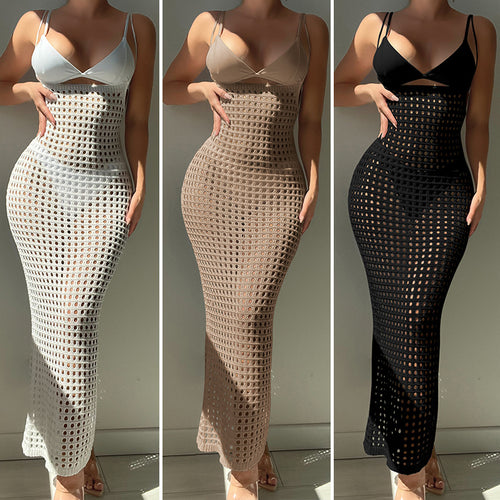 Women  Knitted Camisole Hollow Out Cutout Texture Sexy Slim High Waist Maxi Dress Beach Cover up Dress