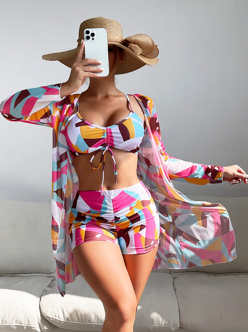 Swimsuit Women Split Three Piece Suit High Waist Long Sleeves Blouse Internet Celebrity Drawstring Suit