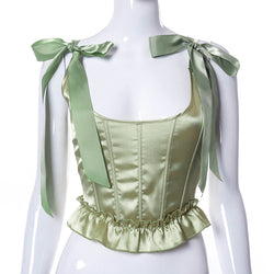 Women  Clothing Summer Fashionable Green Ruffled Silk Lace Up Waist Top