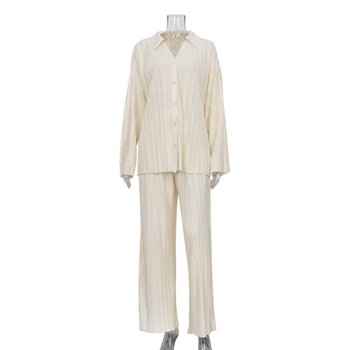 Stijl Herfst Effen broek met rechte pijpen, casual tweedelige set, westerse stijl dameskleding, geplooide shirtbroekenset