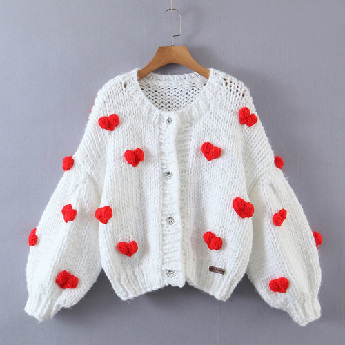 Style Autumn Handmade Three Dimensional Small Love Sweater Single Breasted Short Cardigan