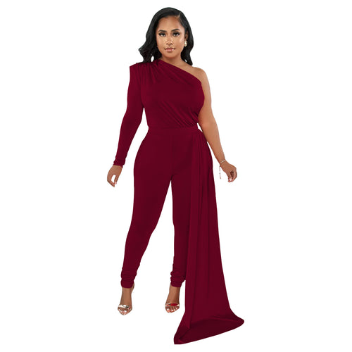 Women Wear Solid Color Shoulder Cloak One Shoulder Long Sleeve Trousers Jumpsuit