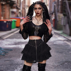 Personality Dark Goth Waist Trimming Lace up Lace Stitching Design Sweet Cool Girl A Line Skirt