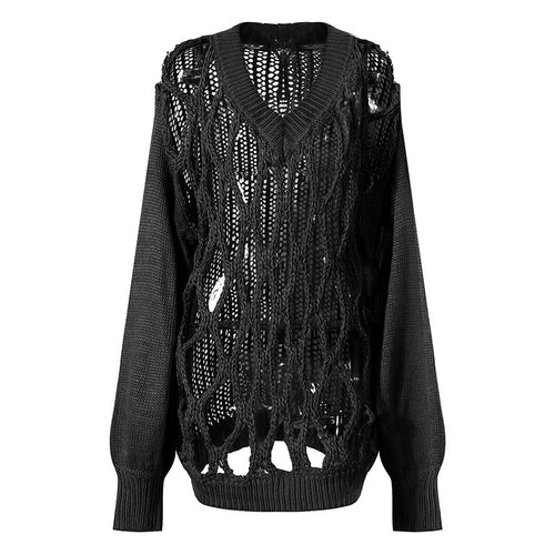 Fall Winter Trend Model Design V-neck Personality Mesh Weaving Hollow Out Cutout Lantern Sleeve Loose Women Sweater