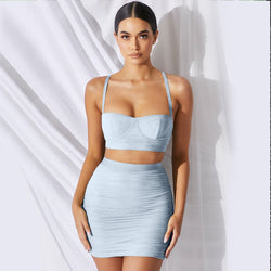 Women's summer mesh gauze top half skirt suit nightclub party dress two-piece set