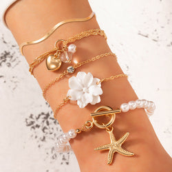 White Flower Love Starfish Pendant Pearl Bracelet 5 Piece Set Female