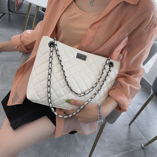 White Women's Shopper Bags Big Chain Plaid Shoulder Hand Bags Diamond Lattice Tote Bag Female Luxury Soft Leather Crossbody Bag