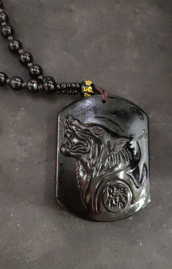 Nieuwe Obsidiaan Carving Wolf Hoofd Amulet Hanger Ketting Zegen Lucky Mannen Kettingen Sieraden Geschenken