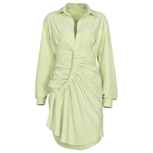 Solid Color Sexy Pleated Shirt Dress Women